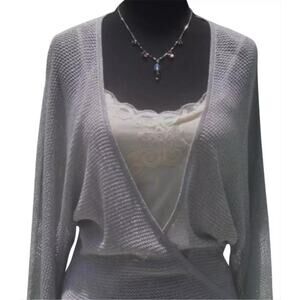 Cache Knit Silver Metallic Peek A Boo Faux Wrap Top New Banded Bottom $98 NWT
